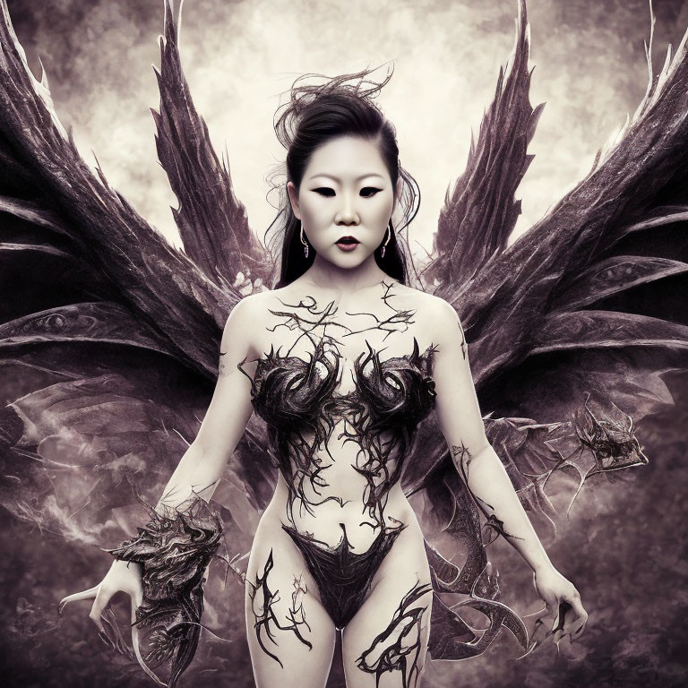 Monochromatic image: Person with dark winged effects and tree branch body paint