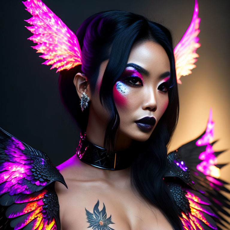 Dark-haired woman with artistic pink makeup, glowing wings, and feathered collar