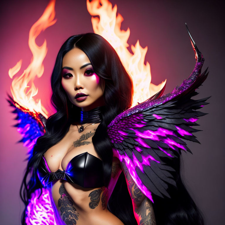 Vibrant purple-winged woman with tattoos in futuristic black outfit against fiery backdrop