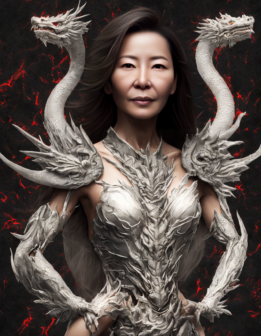 Serene woman in silver dragon armor with two dragon heads on dark background