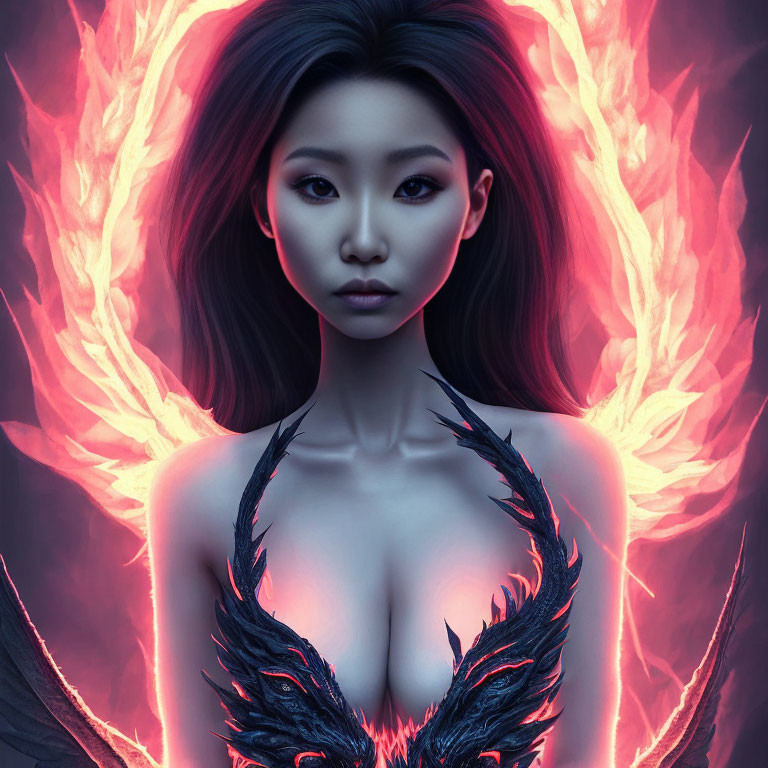 Dark-haired woman with glowing eyes and fiery wings in digital artwork.