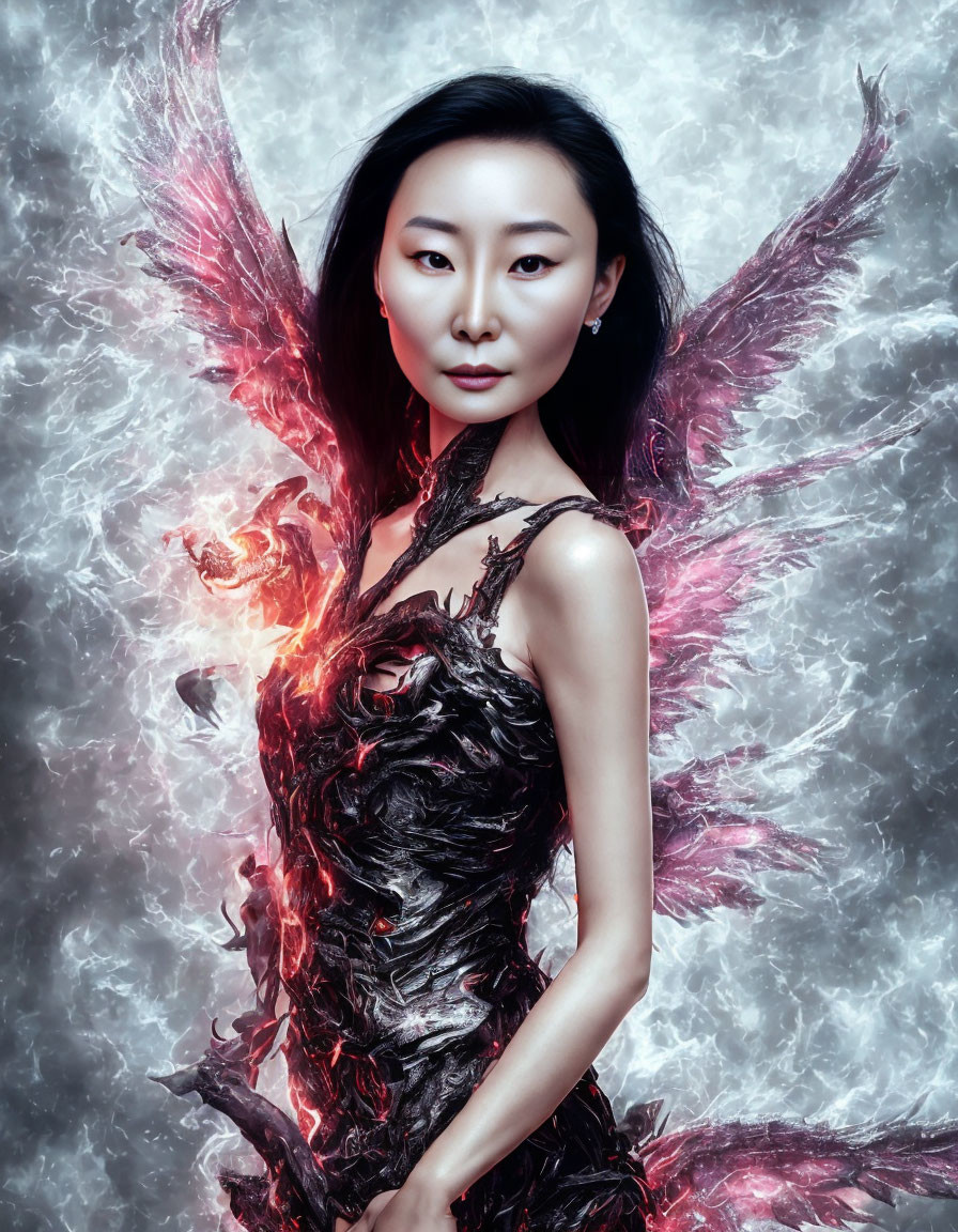 Woman in dark dress with red flame-like wings in serene expression against smoky backdrop