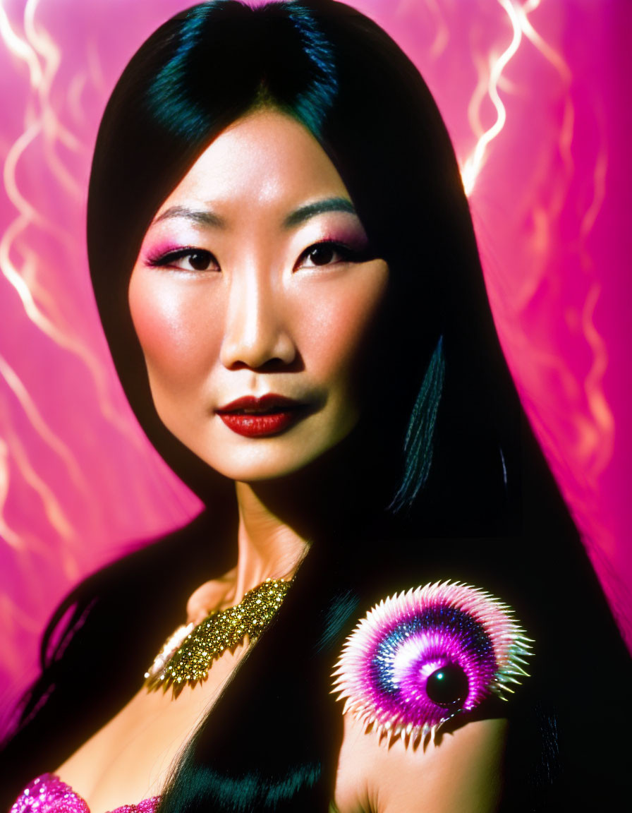 Asian woman with dramatic makeup and colorful feather accessory on pink neon background.