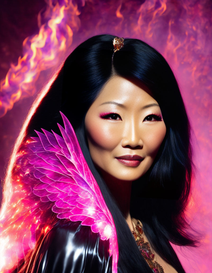 Serene woman with glowing wings in fiery setting