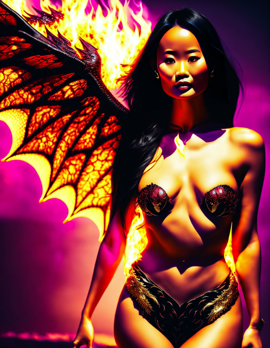 Fantasy female character with dragon-like wings and tail in digital artwork