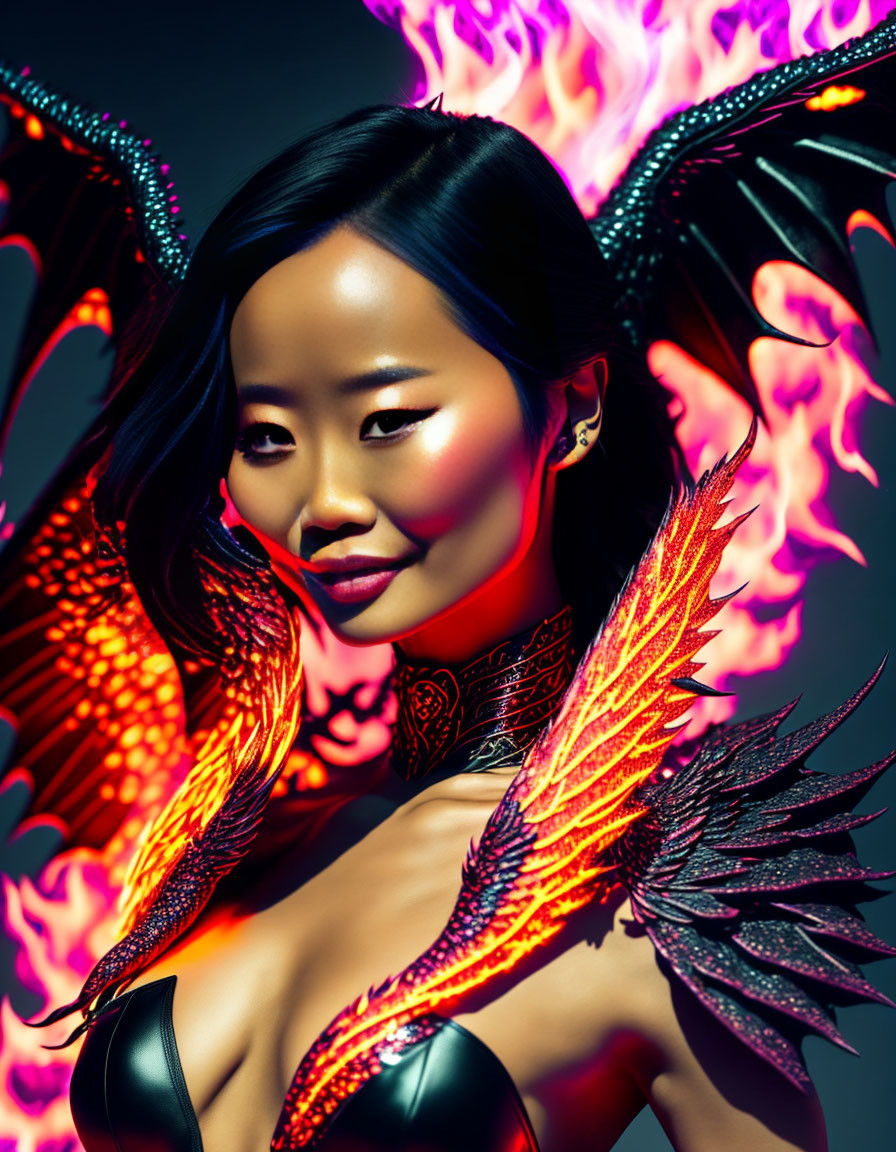 Fiery-winged woman in ornate armor against dark background