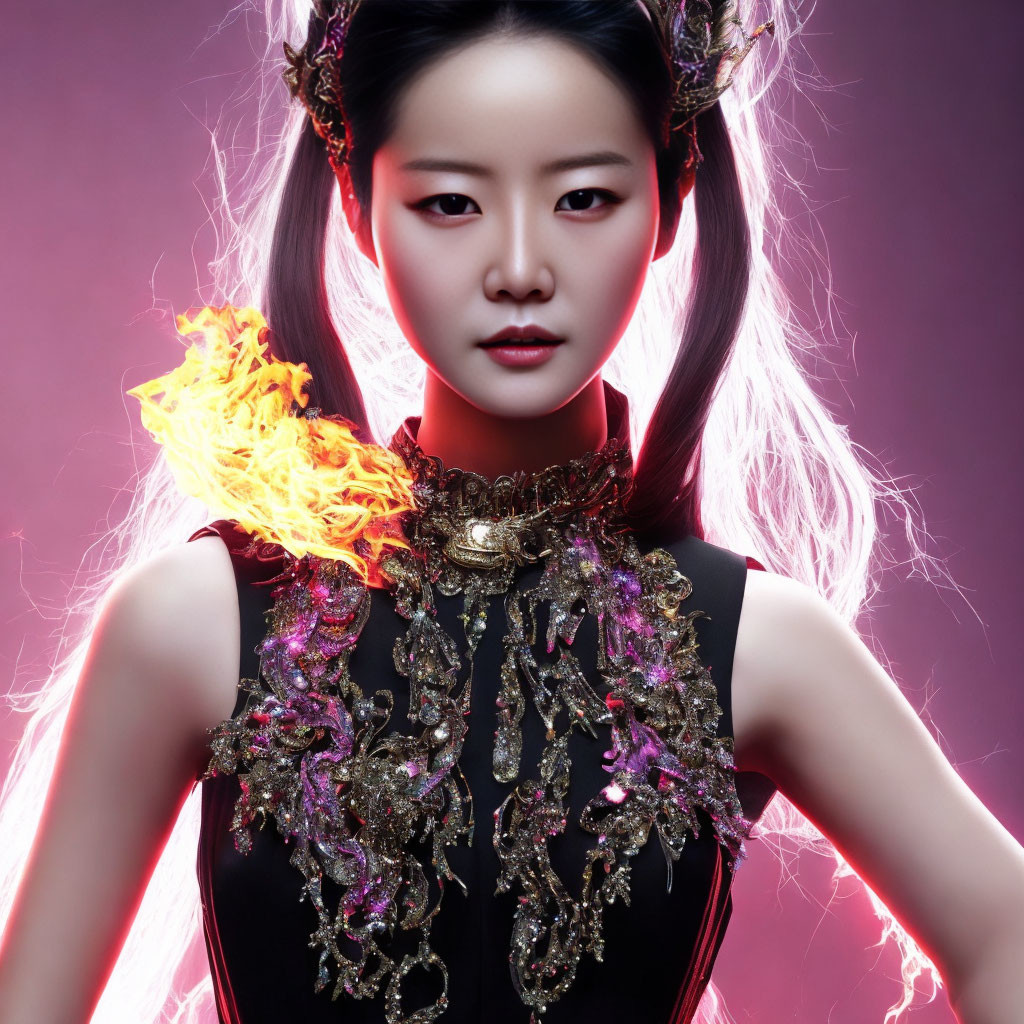 Woman with striking makeup and elaborate jewelry in confident pose against purple backdrop.