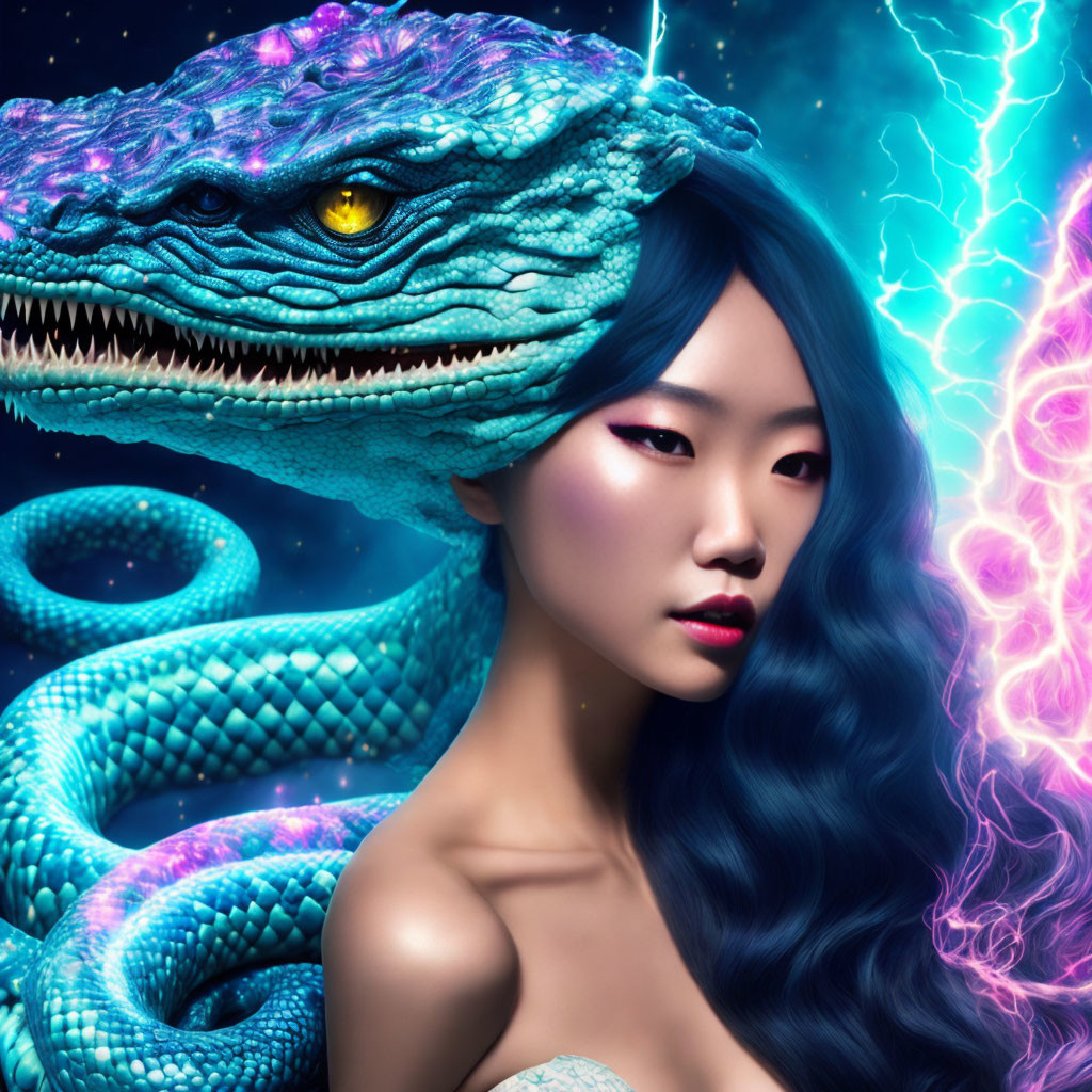 Blue-haired woman and serpent creature in cosmic scene with lightning.