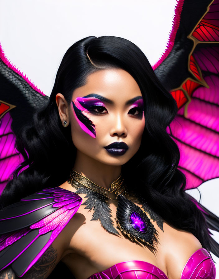 Woman with Dramatic Butterfly Makeup and Wings in Black and Purple Designs