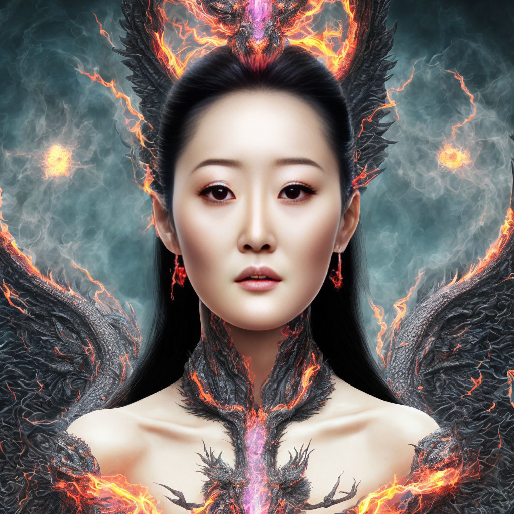 Intricate fiery and dark designs on a woman against a symmetrical background