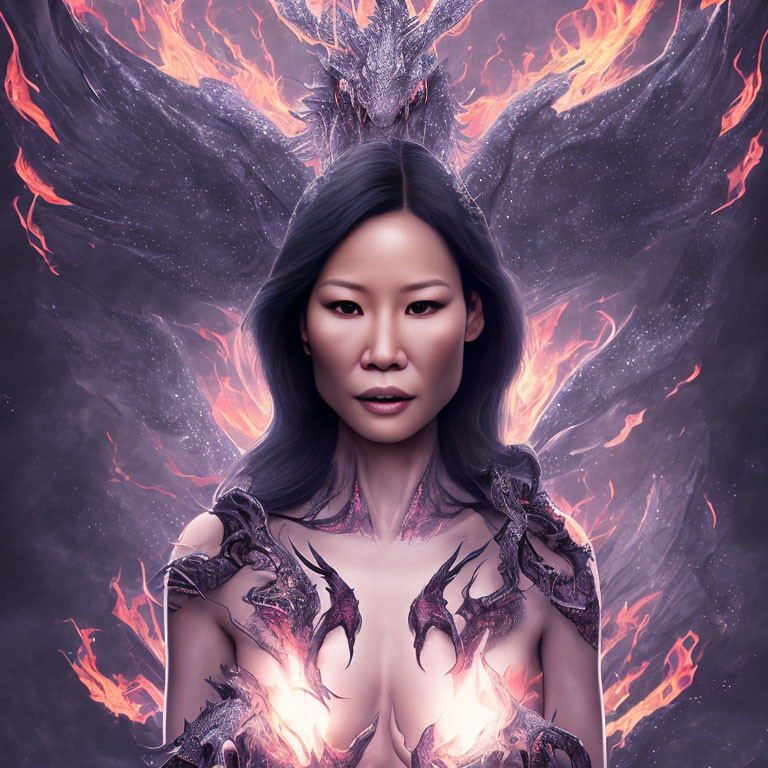 Asian woman digital artwork with fiery phoenix and dragon-themed fantasy armor