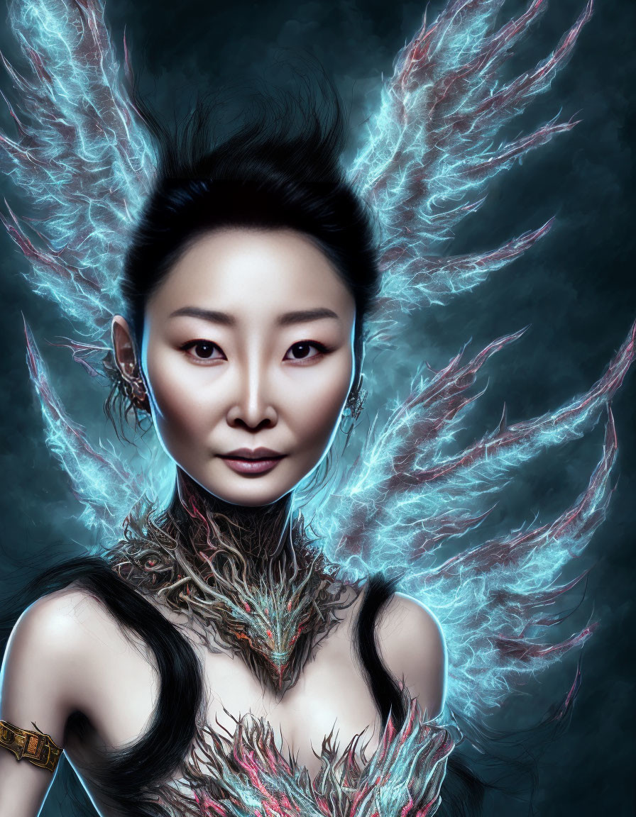 Digital Artwork: Woman with Electrified Hair and Feather-like Attire