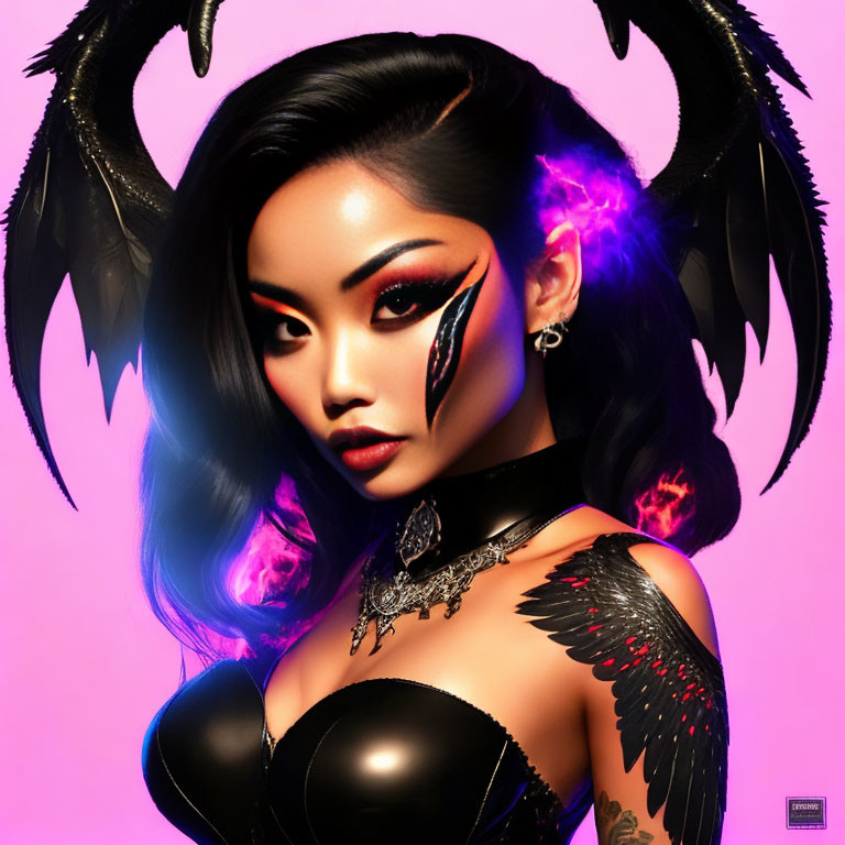 Stylized portrait of woman with dramatic makeup and horns on pink backdrop