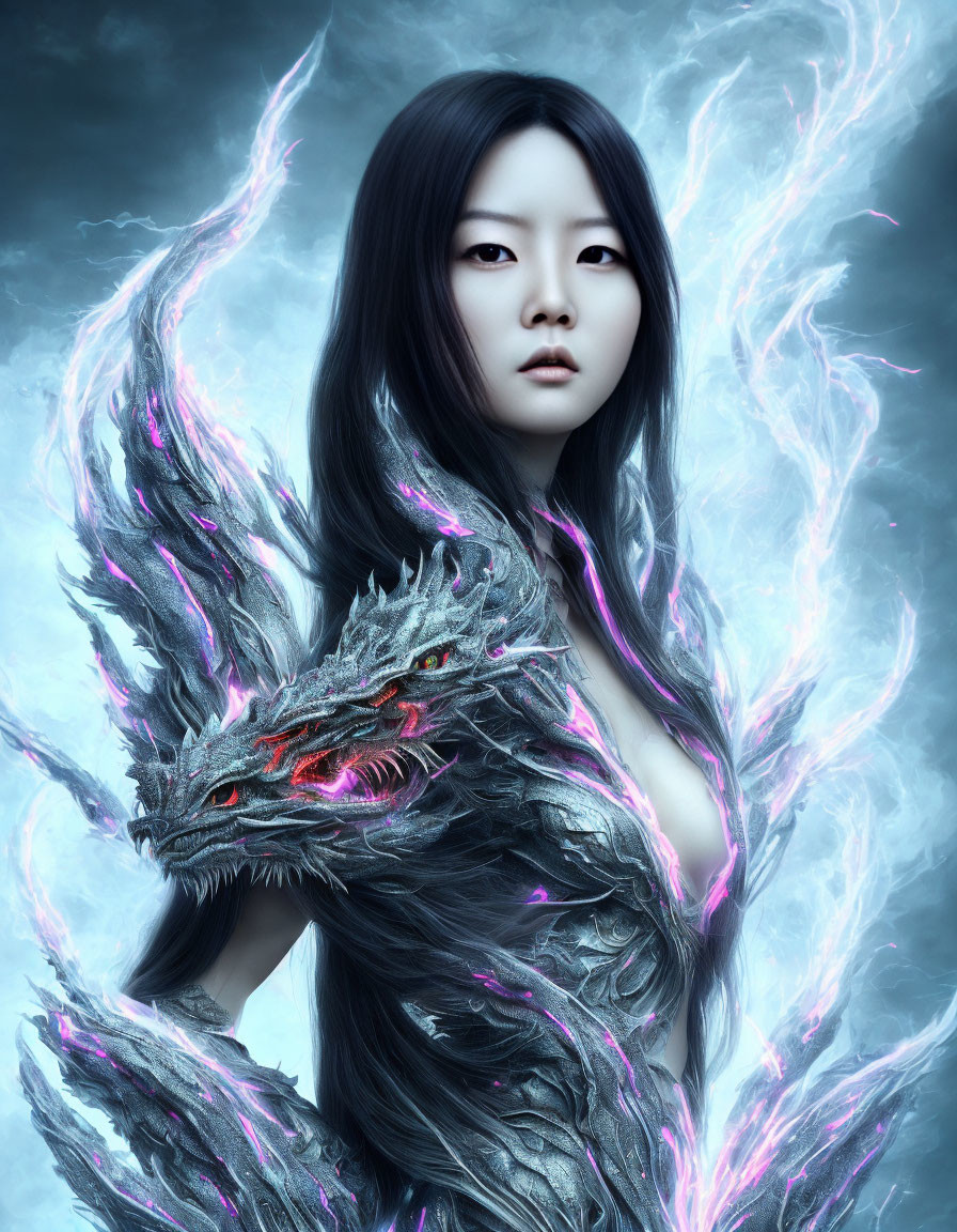 Woman merging with mystical dragon in swirling blue and pink energy