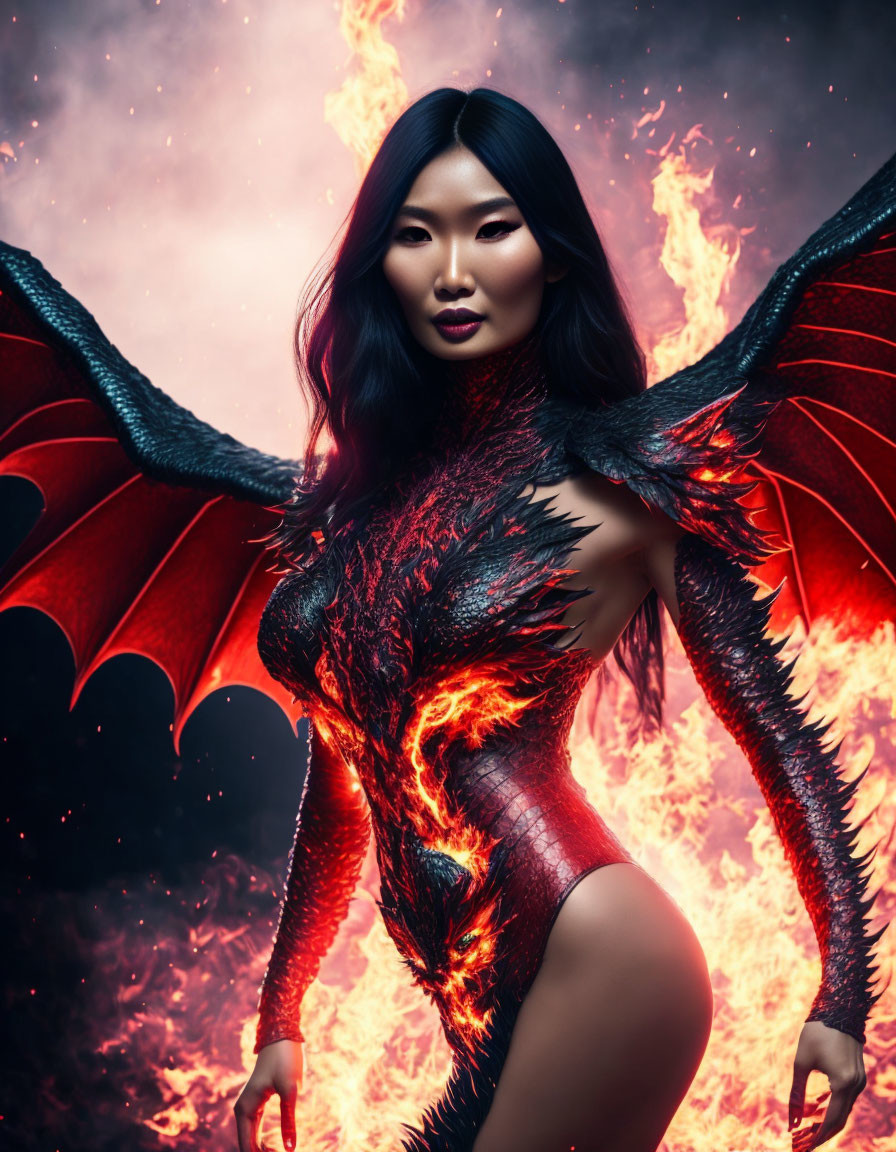 Fiery Figure in Reptilian Costume with Dramatic Wings