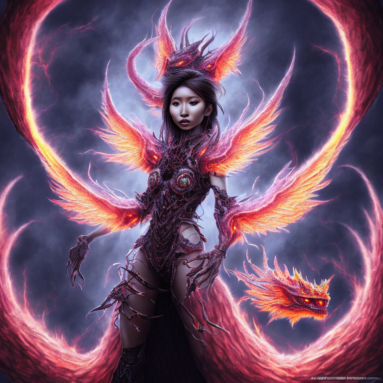 Fantasy Figure with Glowing Fiery Wings and Horns in Mystical Armor