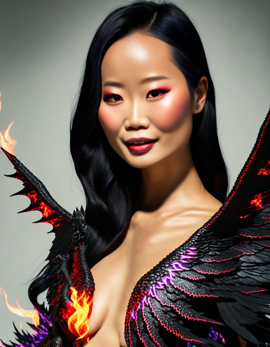 Portrait of a Woman with Dragon Wings and Bold Makeup