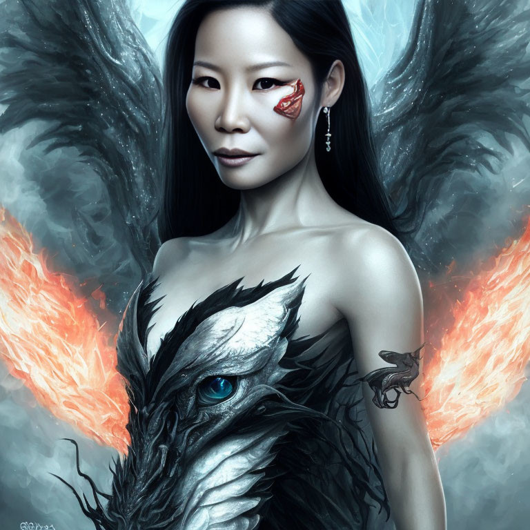 Fantasy digital artwork: woman with phoenix wings and dragon tattoo in fiery backdrop