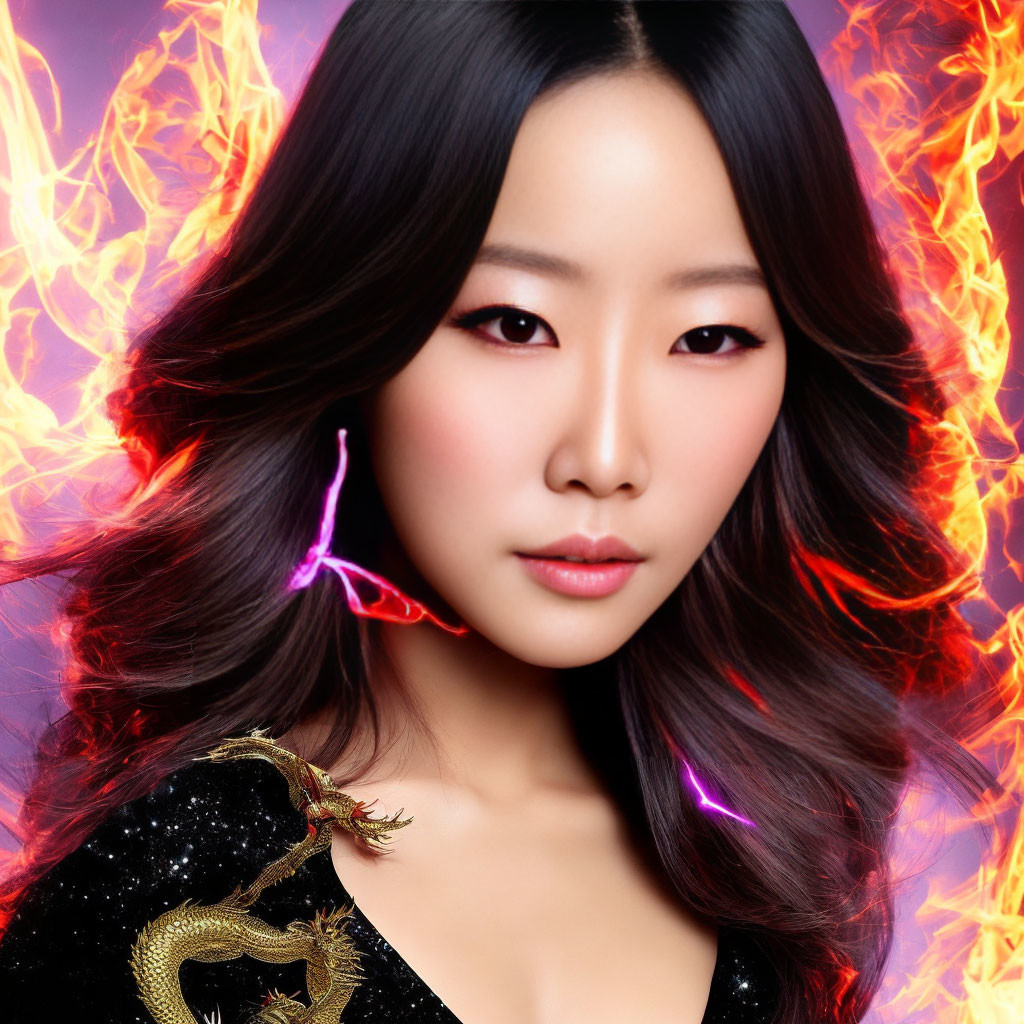 Long-haired woman in dragon-embroidered outfit surrounded by flames and lightning.