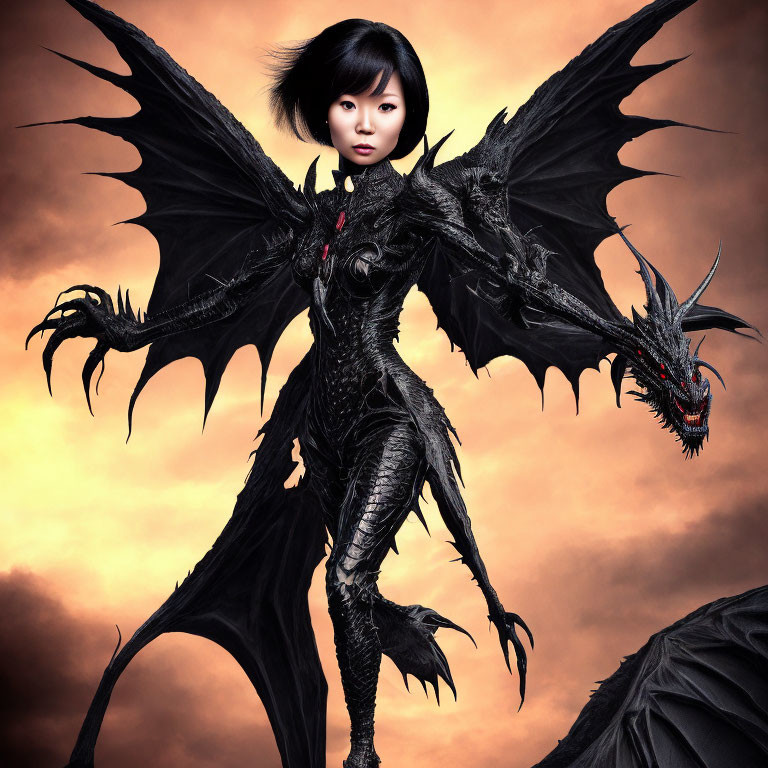 Fantasy image of person in dark draconic armor with dragon wings and creature arm in orange sky