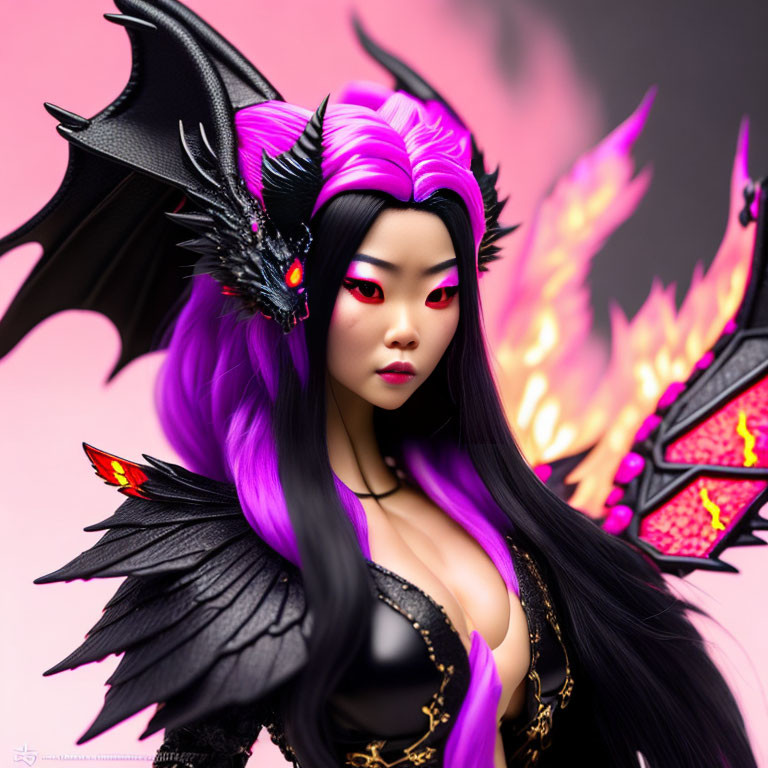 Detailed Woman Figure with Purple Hair and Black Dragon Companion