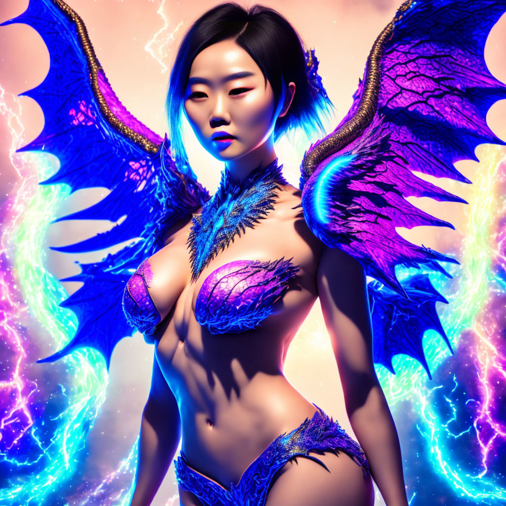 Person with Glowing Wings in Blue and Purple Against Colorful Energy Backdrop