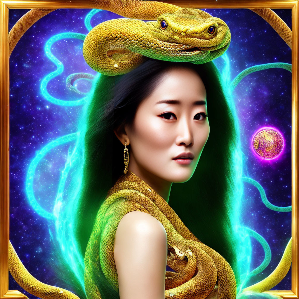 Golden snake adorned woman in cosmic blue setting with nebula patterns and ornate borders.