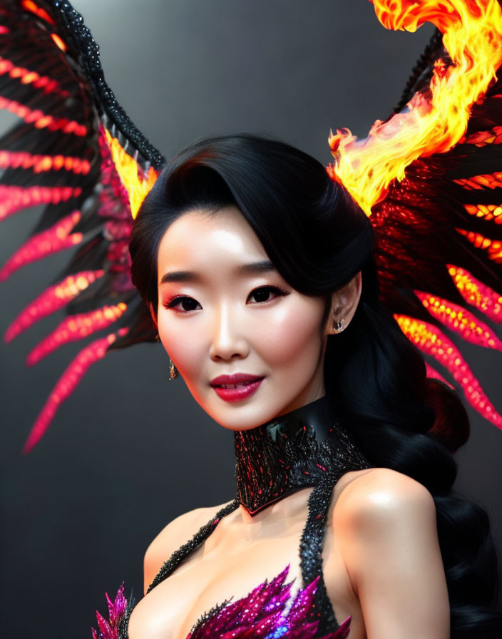 Glamorous makeup and fiery dragon-themed costume with flaming wings