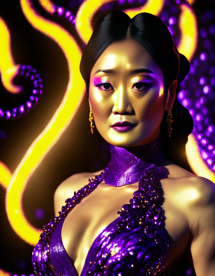 Woman in Dramatic Makeup and Sparkling Purple Outfit Against Vibrant Yellow and Purple Background