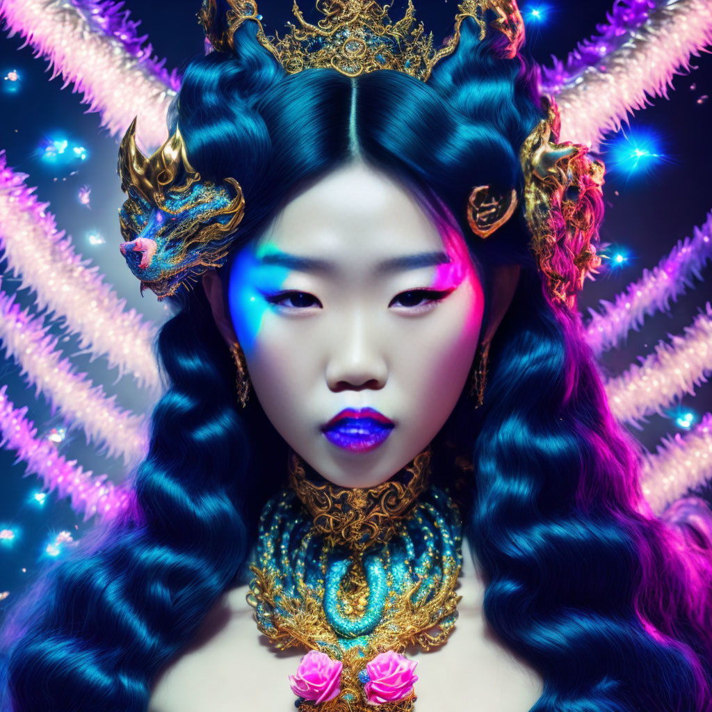 Elaborate makeup and glowing headdress on woman in neon background