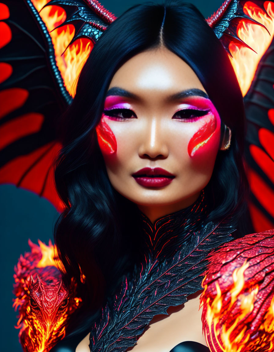 Model with Fiery Red and Black Makeup and Mythical Outfit