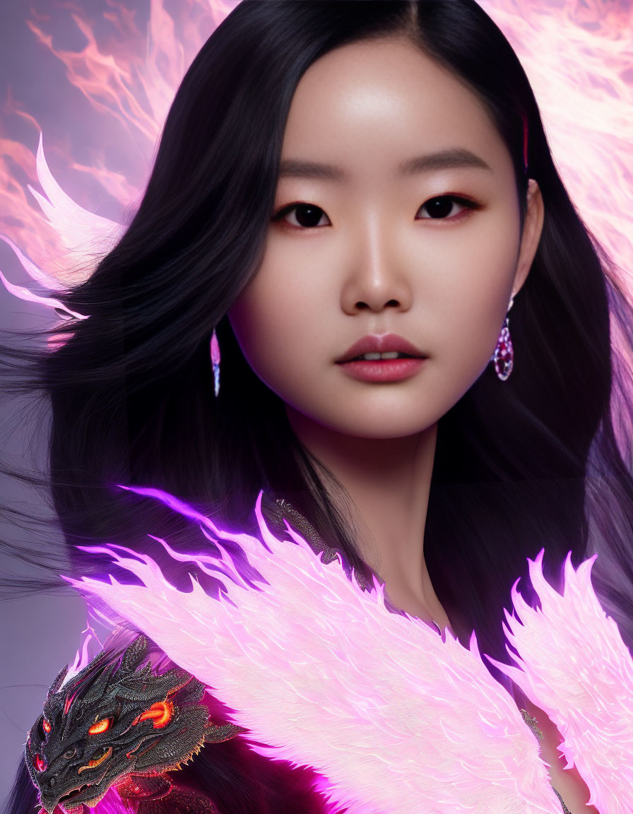 Dark-haired woman with subtle makeup and pink flames beside a fierce dragon.