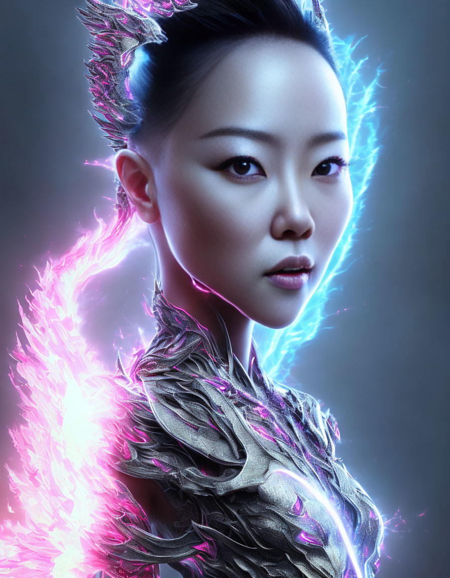 Radiant woman in futuristic armor with ethereal glow.