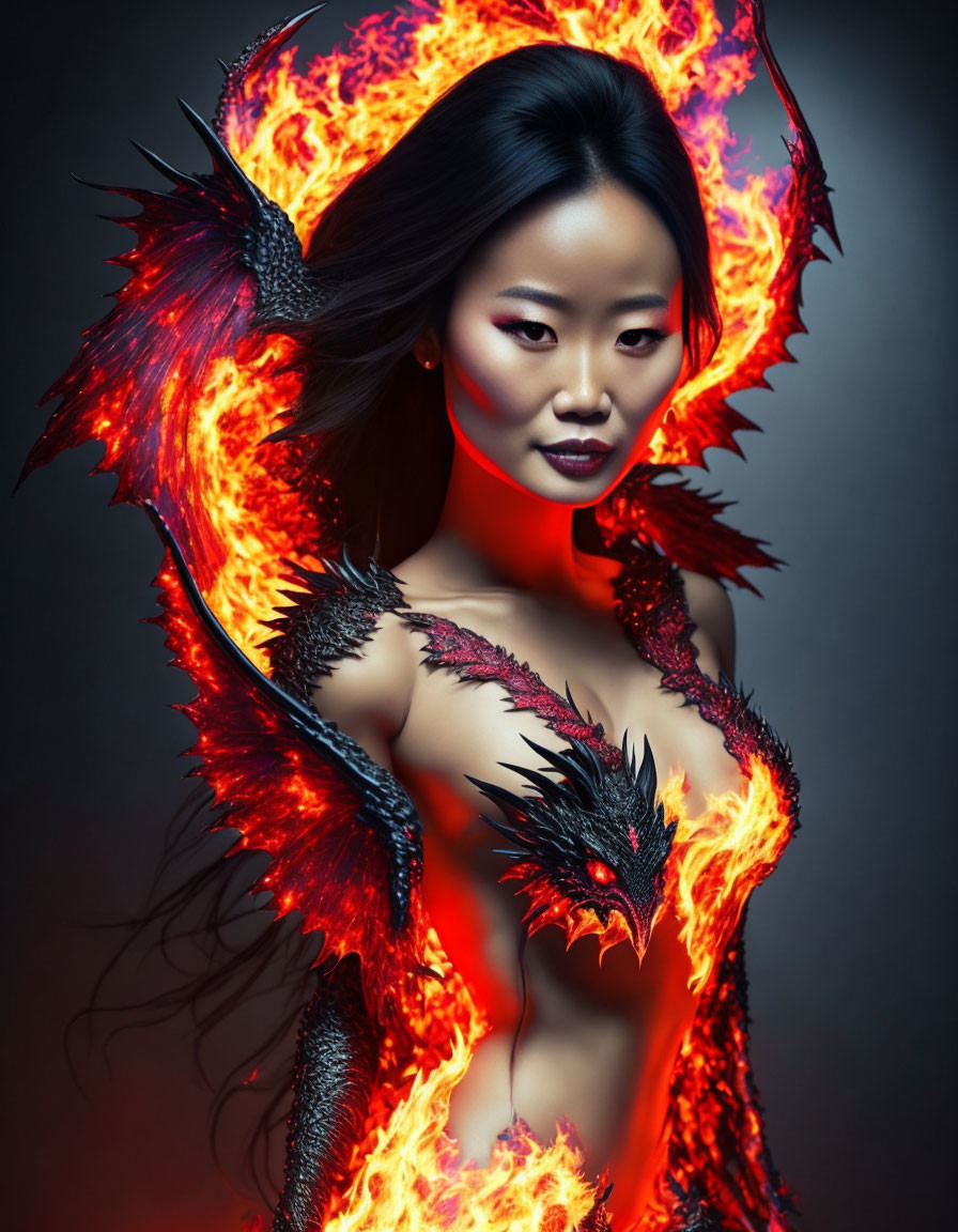 Intricate Outfit with Fiery and Dragon-Like Features