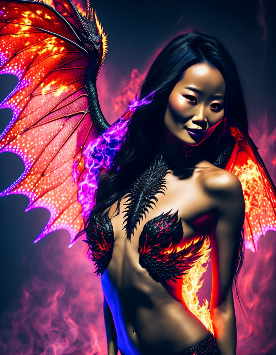 Mystical figure with dragon wings and fiery accents