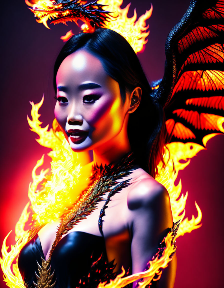 Woman with Striking Makeup in Fiery Phoenix-Inspired Setting