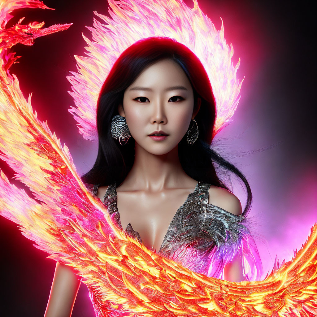 Fiery orange wings woman with radiant glow on dark background