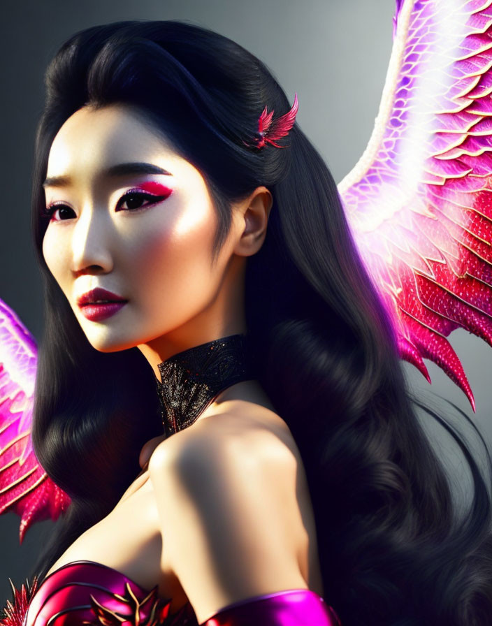 Woman with long dark hair and pink winged makeup gazing with bird perched.