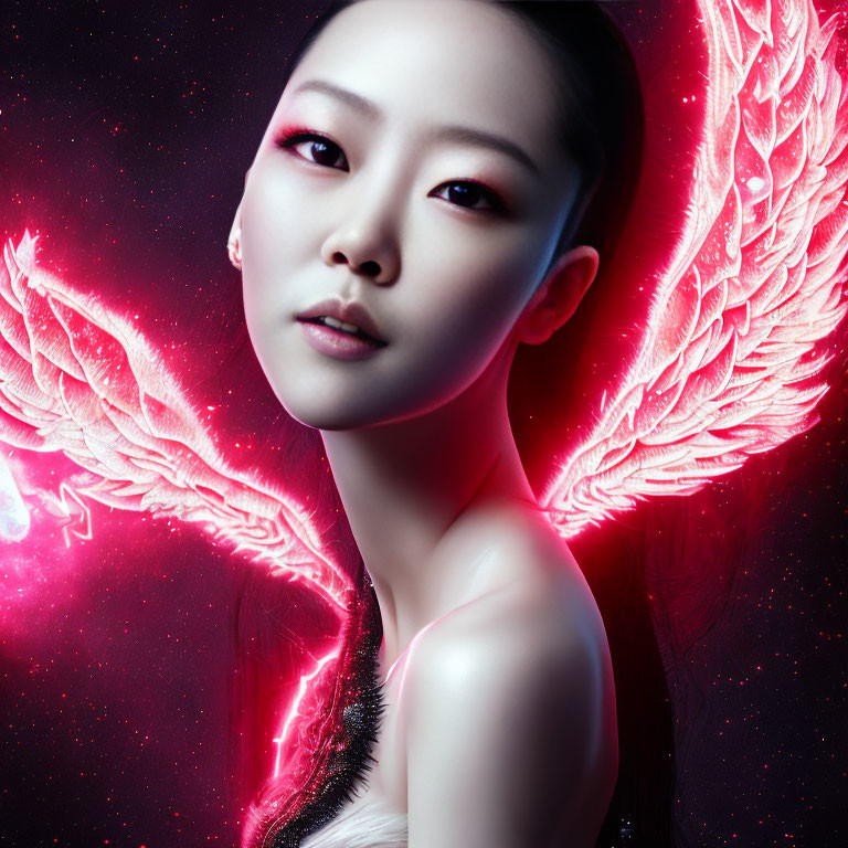 Luminous-skinned woman with red eyeshadow and pink wings in cosmic setting