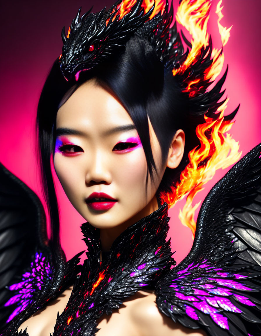 Woman in Phoenix-Inspired Costume with Dramatic Makeup on Pink Background