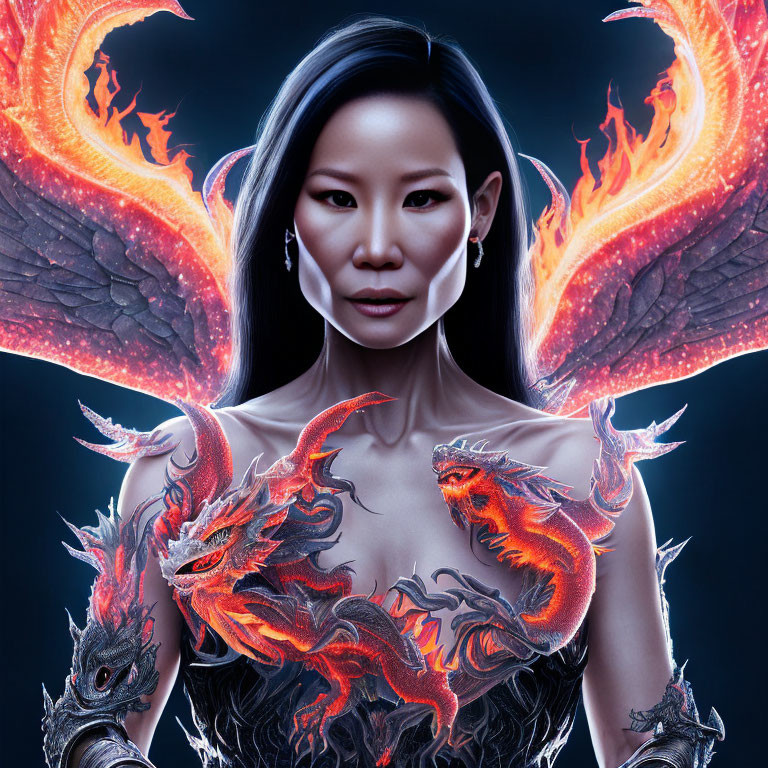 Intense Woman with Dragon Wings and Fiery Dragon Artwork