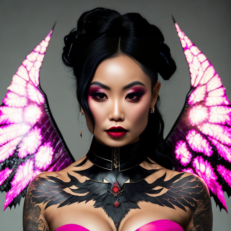 Dark-haired woman with pink wings, dramatic makeup, black choker, and red gemstone chest piece