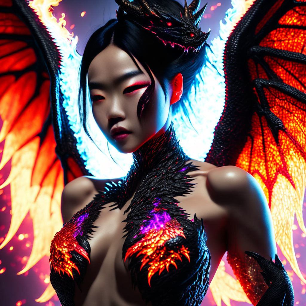 Digital artwork of woman with dragon-like features: black scales, fiery wings