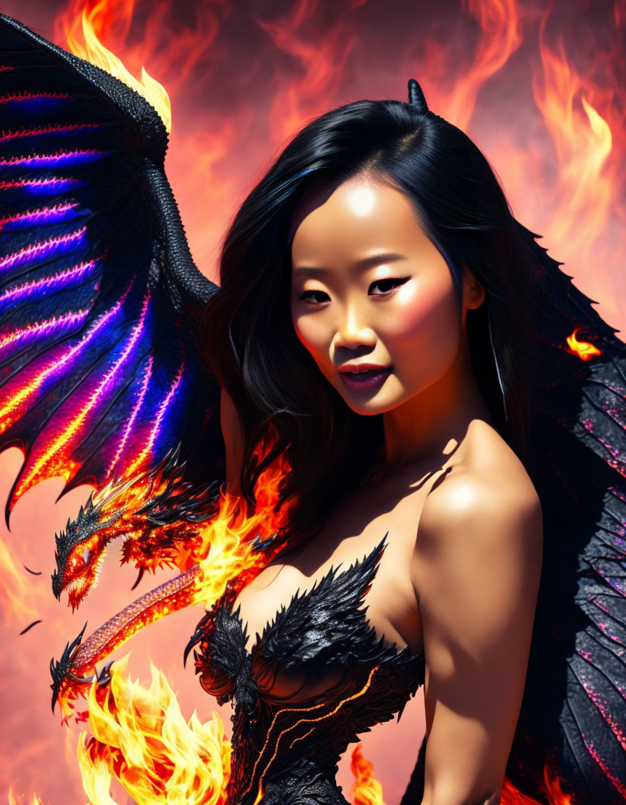 Fantasy Character with Black Wings and Fiery Details