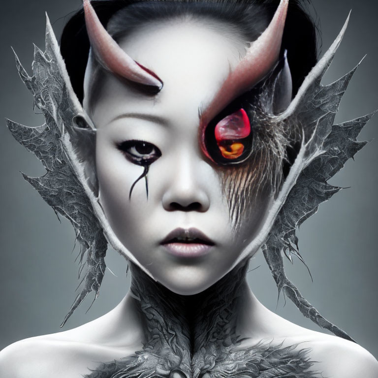 Pale-skinned woman with red eye, horn-like protrusions, and feather-like textures.