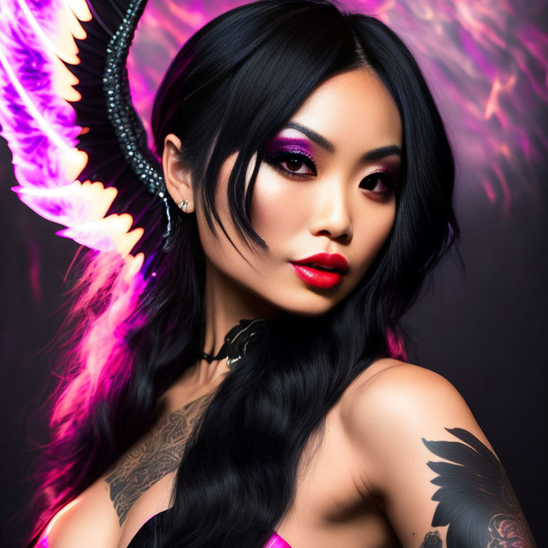 Vibrant purple lighting on a woman with bold makeup and feather details