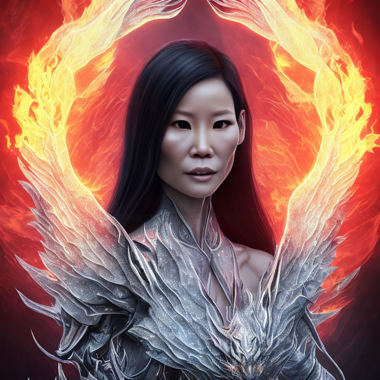 Woman in silver feathered armor with phoenix wings on red background