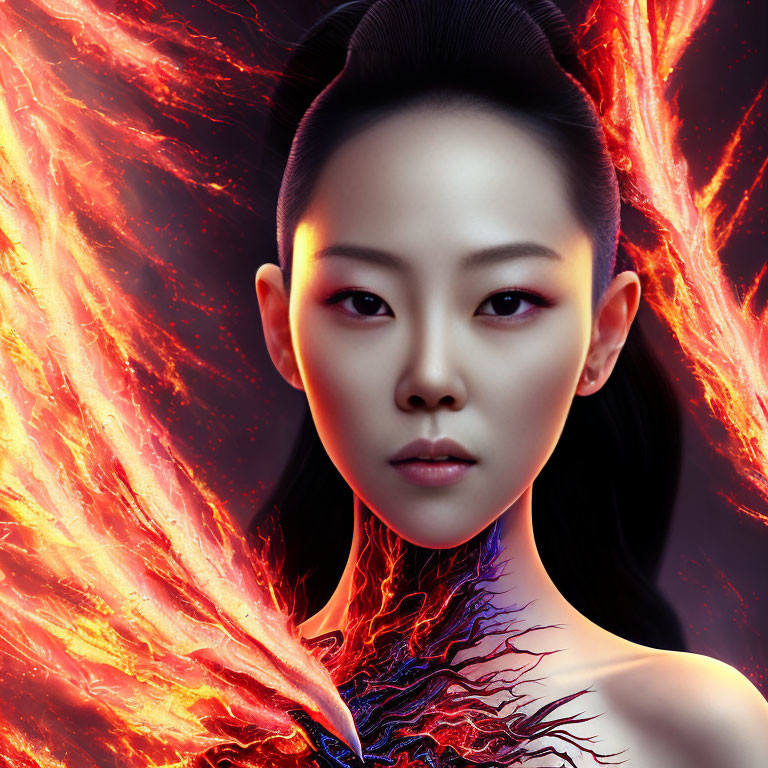 Dark-haired woman with fiery wings and intense gaze on dark background.