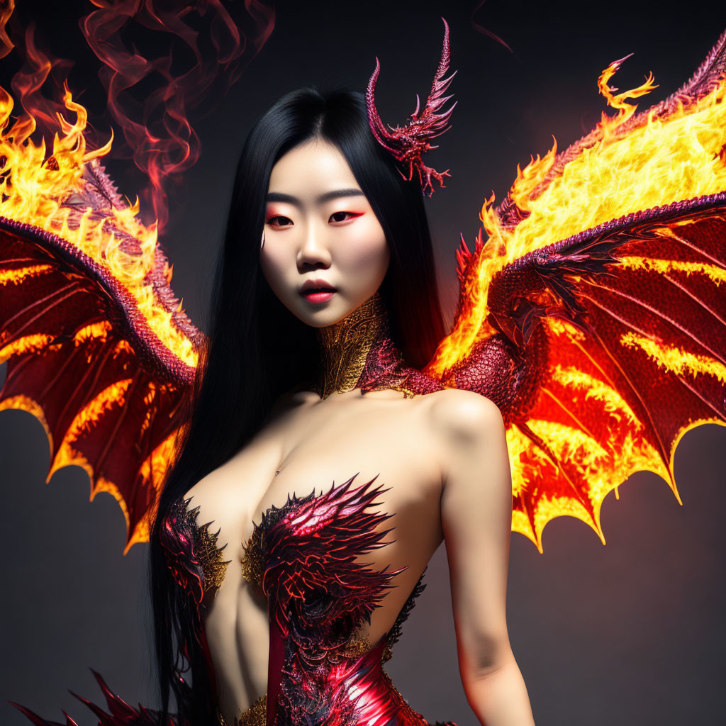 Woman with dragon-like wings in fiery attire against dark background.