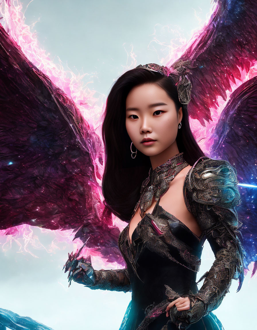 Female warrior in dark armor with glowing purple wings on cool-toned background